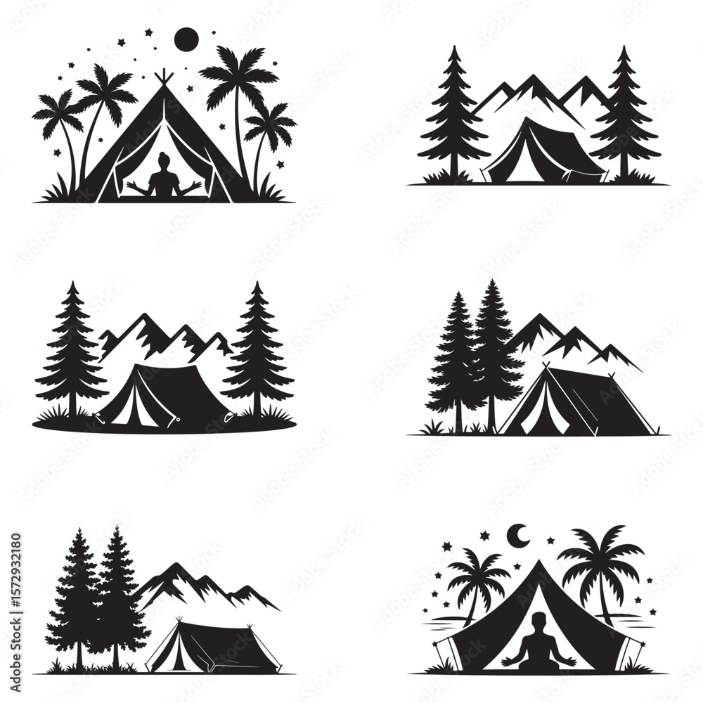 Obraz premium Minimalist Black Tent Silhouette Vector on White Background – Outdoor Camping Design for Adventure Projects with Dome, Ridge, A-Frame, and Tunnel Tent Styles. Thank You . 
