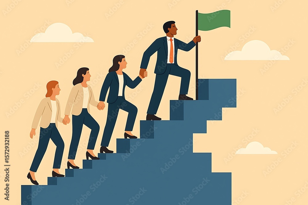 Fototapeta premium Diverse team climbing stairs together towards success and leadership holding a flag