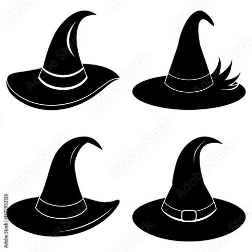 Four black witch hats with different designs for halloween celebration and magical theme illustrations