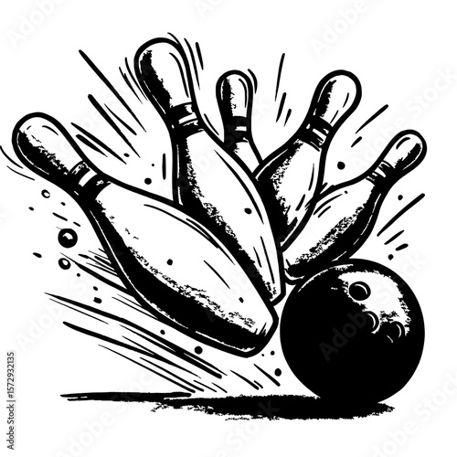 Bowling Strike: A dynamic sketch illustration of a bowling ball colliding with bowling pins, showing the impact and motion of a strike.