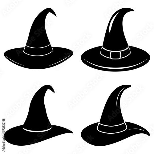 Illustration showing four black witch hats in different styles on a white background surface view