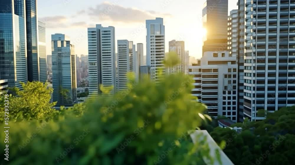 Lush greenery in planter overlooking urban skyline at sunset