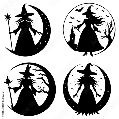 Four halloween themed witch silhouette designs with moons trees bats and a spooky castle scene in black
