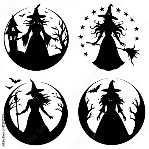 Silhouette illustrations of witches with hats, brooms, bats, stars, trees, and a haunted house in circles