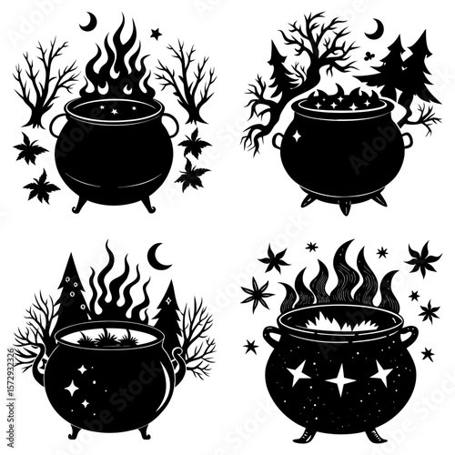 Four cauldrons in a spooky forest with stars, moons and flames in a black and white halloween design