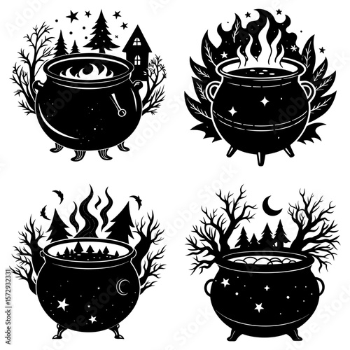 Collection of four cauldrons with different backgrounds in black and white illustration style design