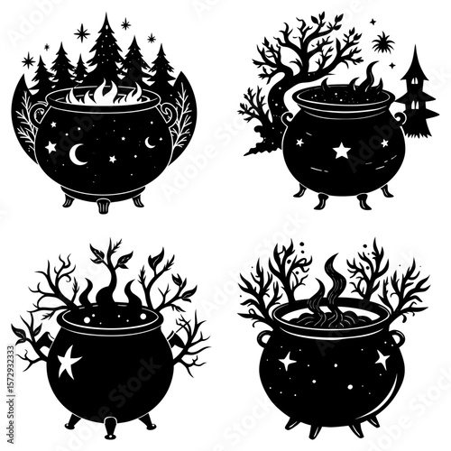 Four witch cauldrons with different spooky scenes and elements in black and white illustration style