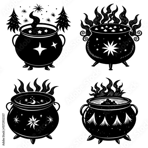 Four cauldrons with magical elements including stars flames and trees in a black and white illustration