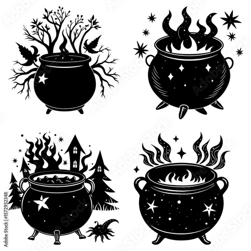 Four black and white illustrations of cauldrons with different spooky and magical elements around them