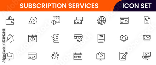Subscription Services vector web line icon collection, sleek illustrations of plans, payments, memberships, digital access for modern, streamlined designs.