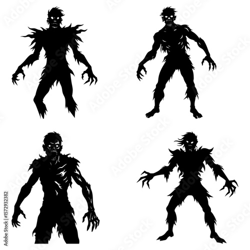 Four black silhouette zombies with tattered clothes and sharp claws on a white background are displayed