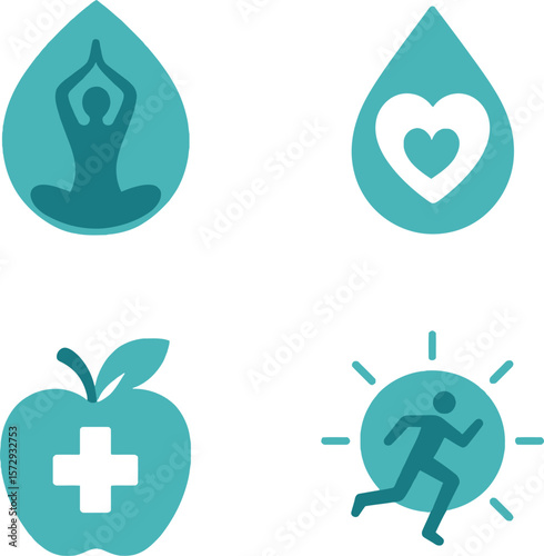 Four teal-colored icons representing healthy lifestyle choices: yoga, love, healthy food, and exercise.