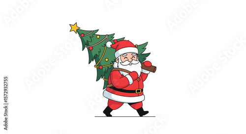 Santa claus carrying decorated christmas tree festive holiday celebration
