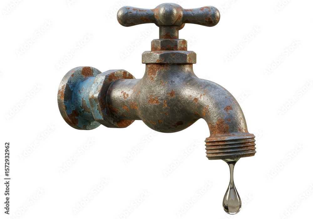 Isolated Rustic Water Tap with Single Water Drop Emphasizing Conservation Isolated Rustic Water Tap with Single Water Drop Emphasizing Conservation