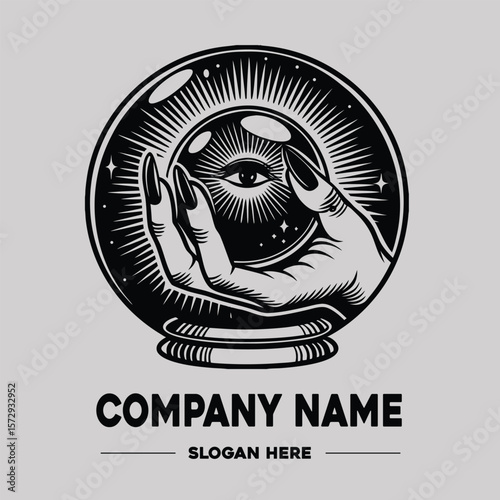 Mysterious Hand Long Nails Holding Gazing Crystal Ball Vector Logo