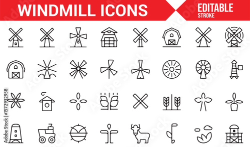 Wind Power, Windmill, and Agriculture Icons for Clean Energy and Farming Projects