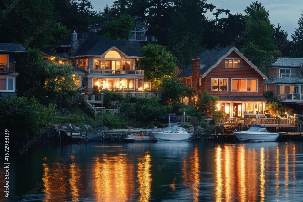 Obraz premium Waterfront houses glow warmly at dusk with passing vehicles reflecting on the calm water, Waterfront Houses And Passing Vehicles In The Evening