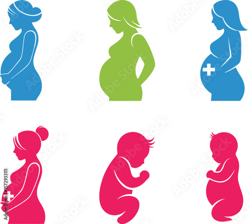Silhouette icons of pregnant women and babies in various stages of development.