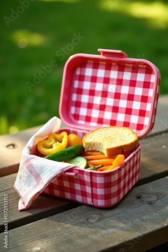 A delightful picnic lunch packed in a charming red and white checkered container, featuring a piece of toasted bread and an assortment of fresh vegetables