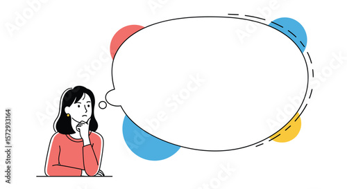 Young woman thinking deeply considering ideas with speech bubble and colorful circles decoration