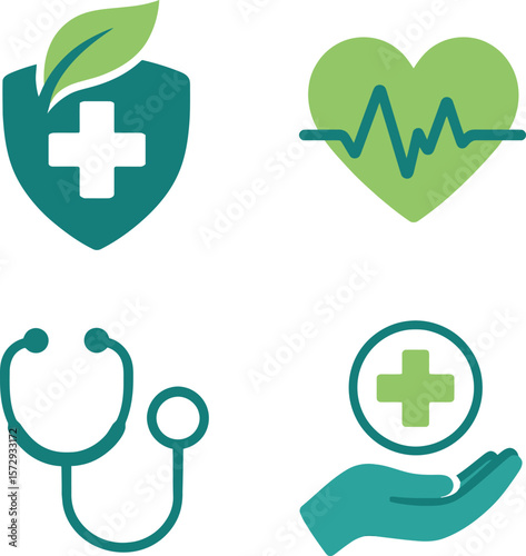 Healthcare icons: shield, heart rate, stethoscope, and helping hands symbolize health, wellness, and medical care.
