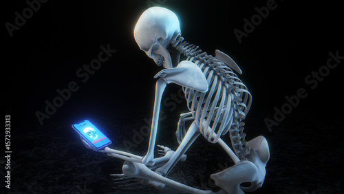 Fotografie A skeleton in a sitting pose holding a mobile smart phone.