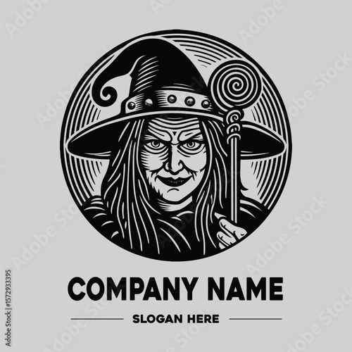 Scary Evil Witch Figure with Warts Pointed Hat Staff Vector Logo Design