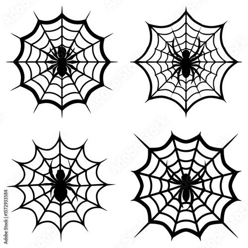 Four spider webs with spiders in the center in black and white halloween themed vector illustration