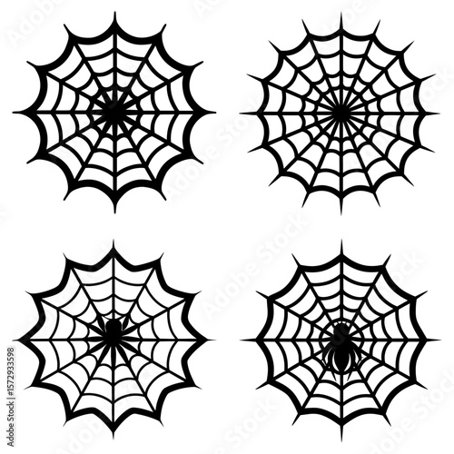 Four black and white spider web illustrations with two webs containing spiders in the center
