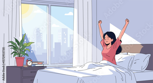 Young woman wakes up stretches arms upward feeling energized in bed with large window view morning sunlight cityscape outside