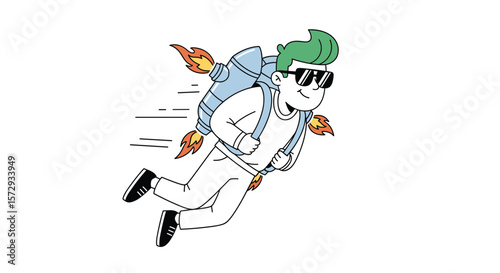 Young man with green hair and sunglasses flies through the air with a jetpack on his back illustrating fast delivery and quick service options