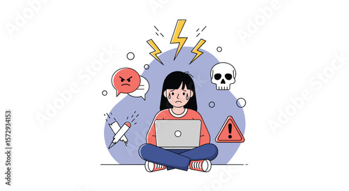 Frustrated teenager overwhelmed by digital stress and online challenges experiencing information overload
