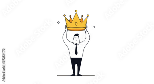 Businessman holds up a golden crown symbolizing success achievement victory and leadership