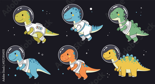 Adorable cartoon dinosaurs exploring outer space and the universe