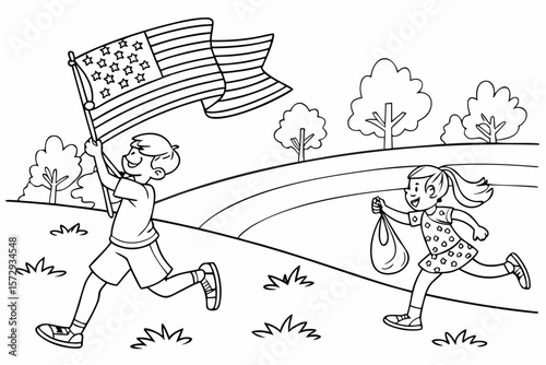 Vector line art of children waving flags and participating in independence day games like sack race and eating crackers, black and white coloring page