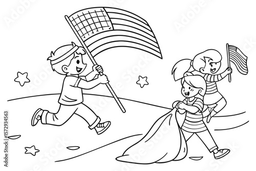 Vector line art of children waving flags and participating in independence day games like sack race and eating crackers, black and white coloring page