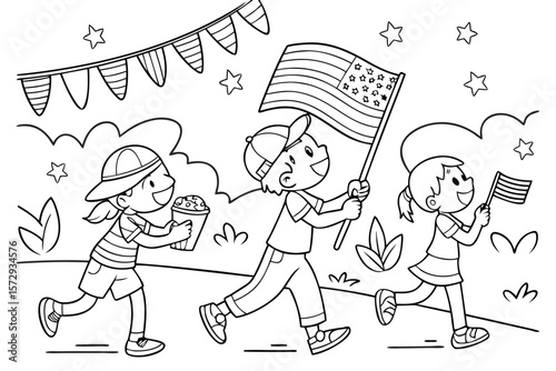Vector line art of children waving flags and participating in independence day games like sack race and eating crackers, black and white coloring page