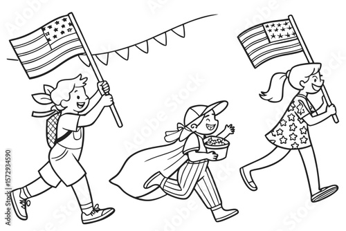 Vector line art of children waving flags and participating in independence day games like sack race and eating crackers, black and white coloring page