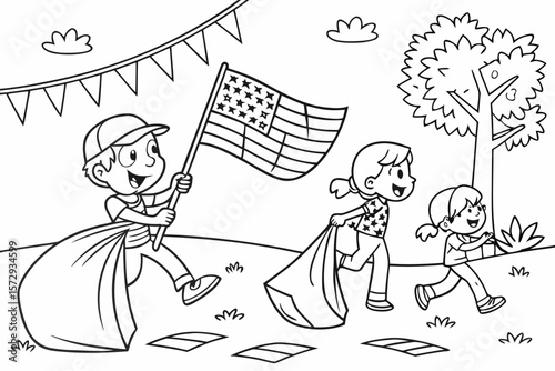 Vector line art of children waving flags and participating in independence day games like sack race and eating crackers, black and white coloring page