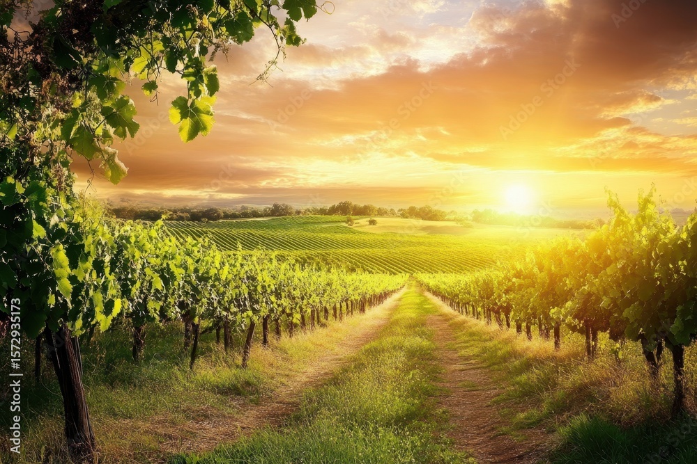 Naklejka premium Vineyards at sunset in South Australia showcasing beautiful landscapes and a tranquil evening, South Australia vineyards Beautiful australian countryside