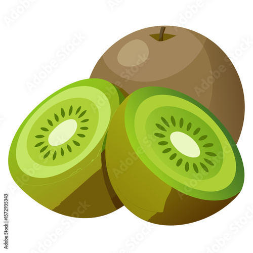 Fresh Whole and Sliced Kiwi Fruit - Green Tropical Produce Vector