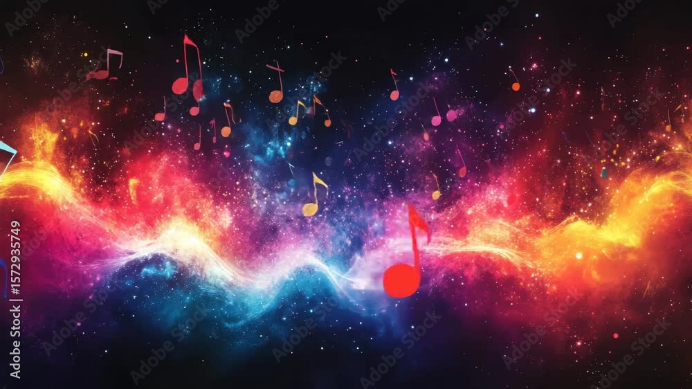 Musical notes floating through a vibrant cosmic nebula with colorful energy waves. Music, art, creativity, universe. Ideal for festival visuals and creative project intros.