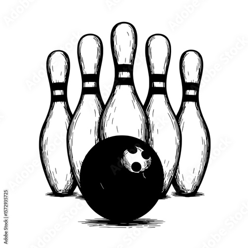 Bowling Pins and Ball: A striking illustration of a bowling ball poised to strike a formation of pins. The minimalist design captures the energy and anticipation of a game.