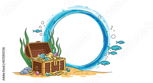 Treasure chest filled with jewels and coins underwater scene with bubbles and fish