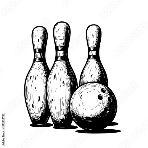 Bowling Set Illustration: A detailed monochrome illustration of a bowling set, featuring three pins standing tall alongside a bowling ball, ready for a strike.