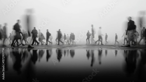 People Walking Through a Foggy Urban Street at Dusk Generative AI