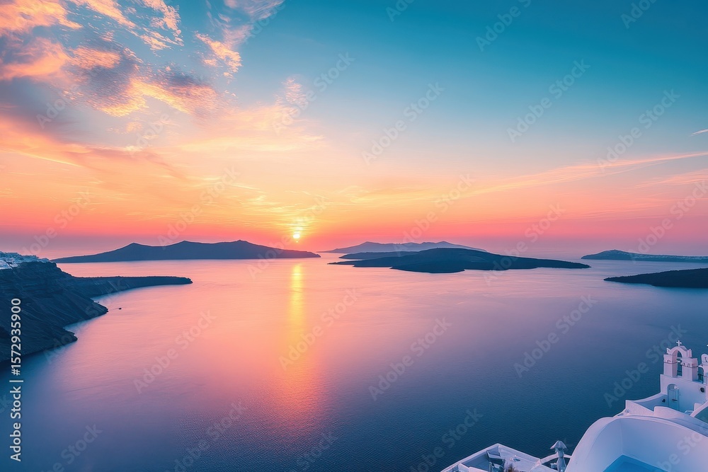 Fototapeta premium Beautiful sunset over the tranquil waters of Santorini island in the Mediterranean Sea, Santorini island of Cyclades in Mediterranean sea, Greece Calm sunset view