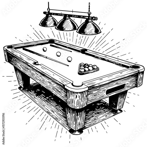 Pool Table Illustration: A detailed hand-drawn illustration of a classic pool table, complete with balls, cues, and overhead lighting, evoking a sense of classic leisure and friendly competition.