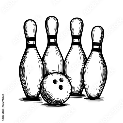 Bowling Pins and Ball: A classic illustration of bowling pins and a ball, capturing the essence of the game with its simple, graphic style, evoking nostalgia for a favorite pastime.