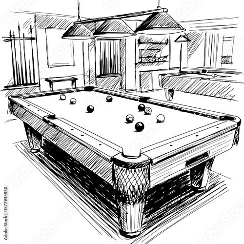 Pool Hall Sketch: A detailed pen sketch captures the inviting ambiance of a pool hall, showcasing the pool table, balls, cues, and lighting fixtures, with an emphasis on the game.